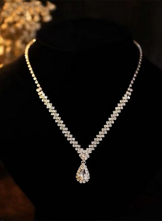 GIFT Women's 4 PCS Rhinestone Necklace Earrings Bracelet Set Drop-Shaped Pendant V-Neck Chain Ear Dangle Bridal Evening Dress Accessories for Women Simple Versatile Silver - Image 5